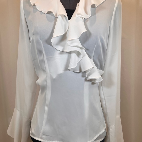 New York & Company Tops - New York & Company White Ruffle Front V-Neck Blouse
